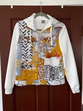 White & Mustard Graphic Zip Hoodie Jacket